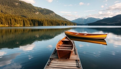 Obraz premium Two wooden boats on a calm lake in the mountains.