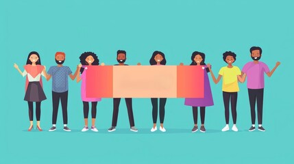 Obraz premium Diverse people holding justice banner, equality for all, flat design illustration
