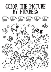 Obraz premium coloring book by numbers for children. Turtle and crab on the seabed. black white print illustration