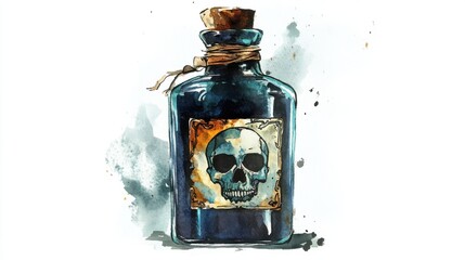 A watercolor depiction of a potion bottle with a skull label, dark and mystical, isolated on white background