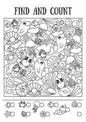 Mini game for children, find and count. Marine illustration with different species of marine animals. Black and white illustration.