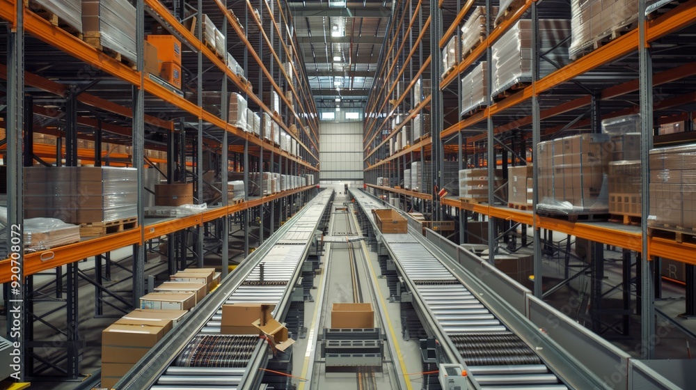 Poster the interior of a high-capacity warehouse with automated sorting and packing lines. the integration 
