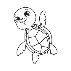 Cartoon image of a turtle. Black and white style. Linear graphics. Character for coloring book.
