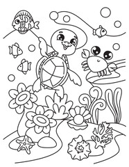coloring book by numbers for children. Turtle and crab on the seabed. black white print illustration
