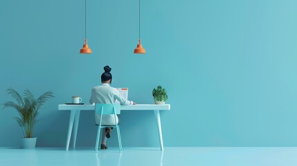 A woman sits at a desk in front of a laptop in a minimalist blue room.