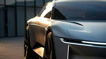 The modern front of an electric car is highlighted, featuring a smooth, aerodynamic design with minimalist details and innovative LED headlights.