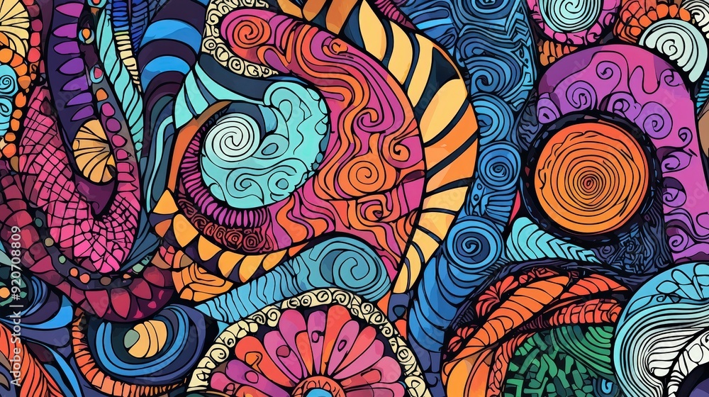 Sticker Curved lines and swirl patterns blend in vibrant colors, creating an energetic and lively abstract composition