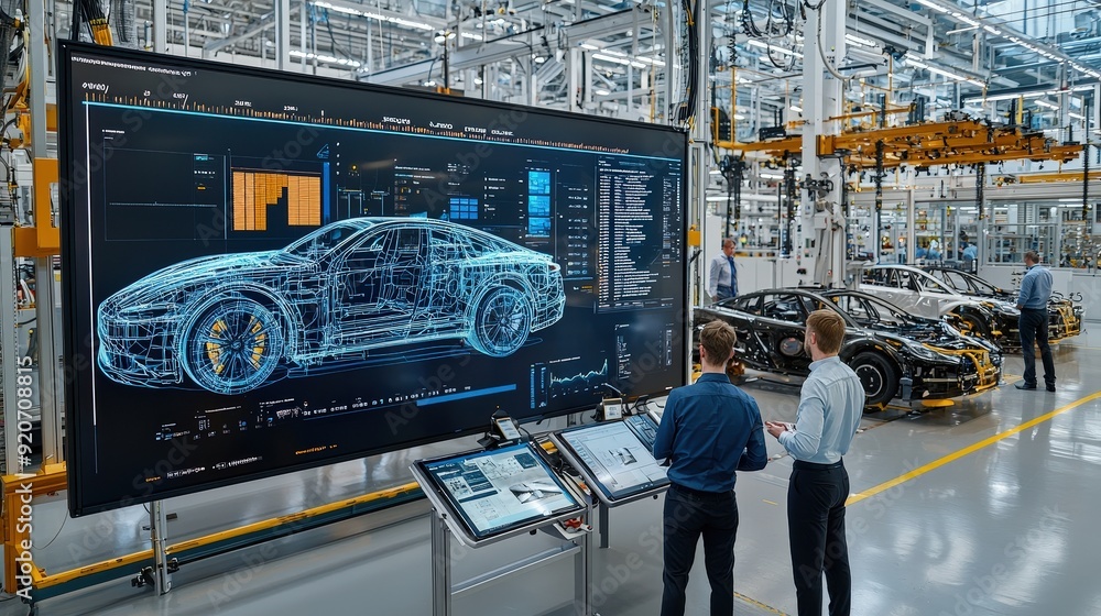 Poster Two engineers are evaluating a detailed digital model of a car on an advanced screen in a high-tech automotive factory
