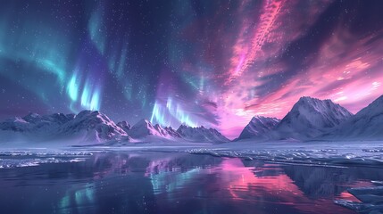 Fototapeta premium A digital artwork of a serene arctic landscape with the Northern Lights dancing across the night sky, snow-covered terrain reflecting the vibrant colors, detailed and magical,