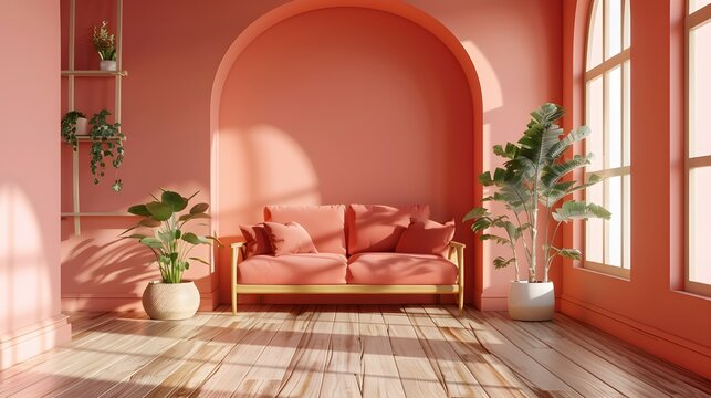 Soft pearch Sofa on pearch background Modern minimalistic living room interior detail