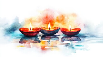 Watercolor of a Diwali evening with diyas floating on water, serene and spiritual, isolated on white background