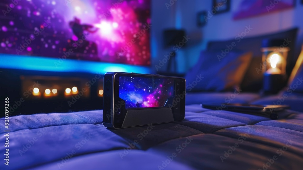 Poster think of a smartphone with a built-in projector, turning any surface into a display for presentation
