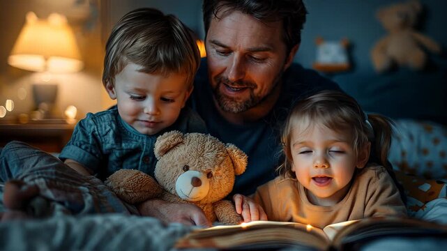 A father reading a bedtime story to his children