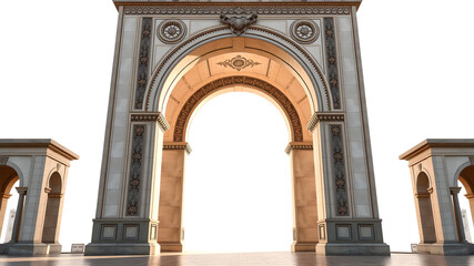Obraz premium In realistic style show the front of a tall arch with ornamental features isolated on light background, in the arch should be a lot of space, the sides of the arch should be slim. Generative AI 