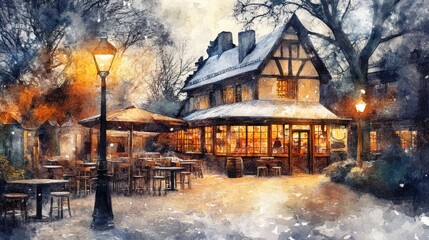 Obraz premium Watercolor illustration of a Bavarian beer garden at dusk, atmospheric and cozy, isolated on white background