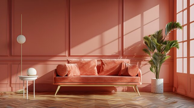 Soft pearch Sofa on pearch background Modern minimalistic living room interior detail