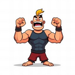 cartoon illustration of a man with a muscular body and a yellow mohawk.