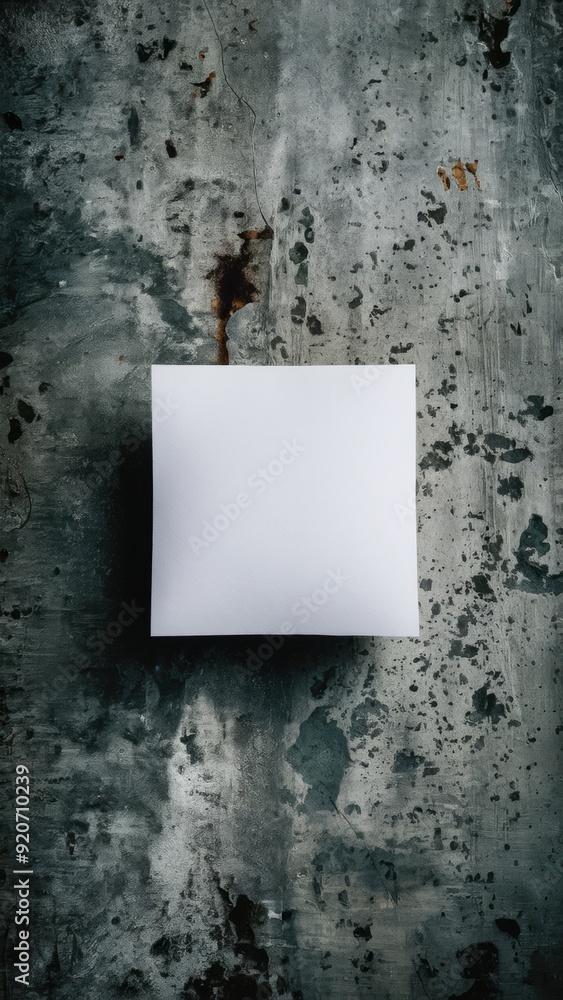 Poster a white piece of paper sitting on top of a concrete floor, ai