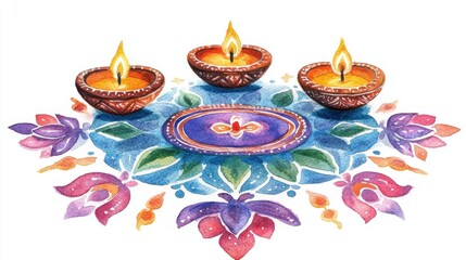Watercolor illustration of a decorated Diwali entrance, colorful rangoli and diyas, isolated on white background