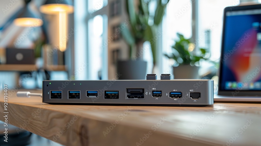 Aufkleber write about the role of laptop docking stations in optimizing connectivity when placed on a table.