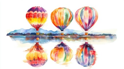 Watercolor of balloons reflecting in a calm lake at Albuquerque, serene and colorful, isolated on white background