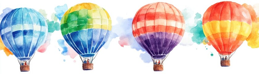 Obraz premium Watercolor depiction of a hot air balloon tethered to the ground, ready for ascent, isolated on white background
