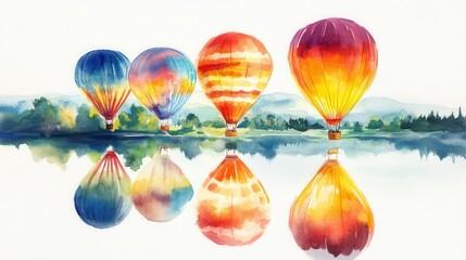 Watercolor of balloons reflecting in a calm lake at Albuquerque, serene and colorful, isolated on white background