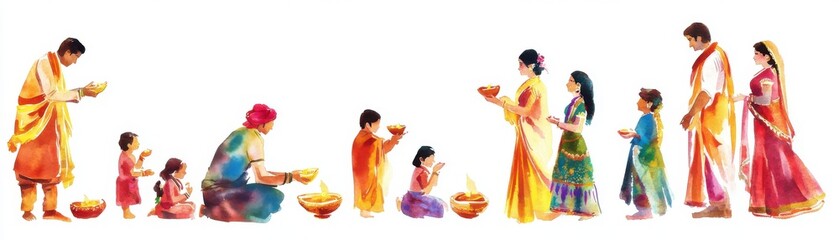 Naklejka premium A watercolor of a traditional Indian family celebrating Diwali, cultural and joyous, isolated on white background