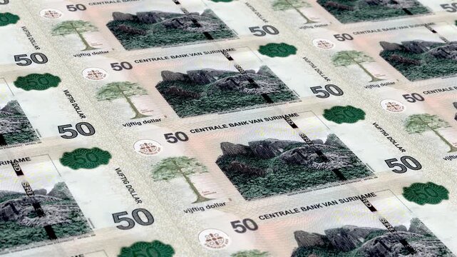Suriname Surinamese Guilder 50 Banknotes Money Printing House, Printing Fifty Surinamese Guilder, Printing Press Machine Print out Surinamese Guilder, Being printed by currency press machine