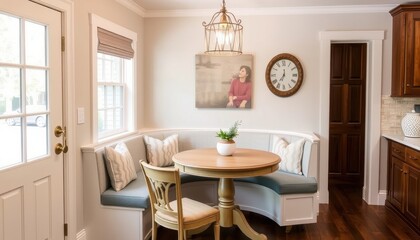 Fototapeta premium Modern Kitchen Nook with Curved Banquette and Wooden Floor.