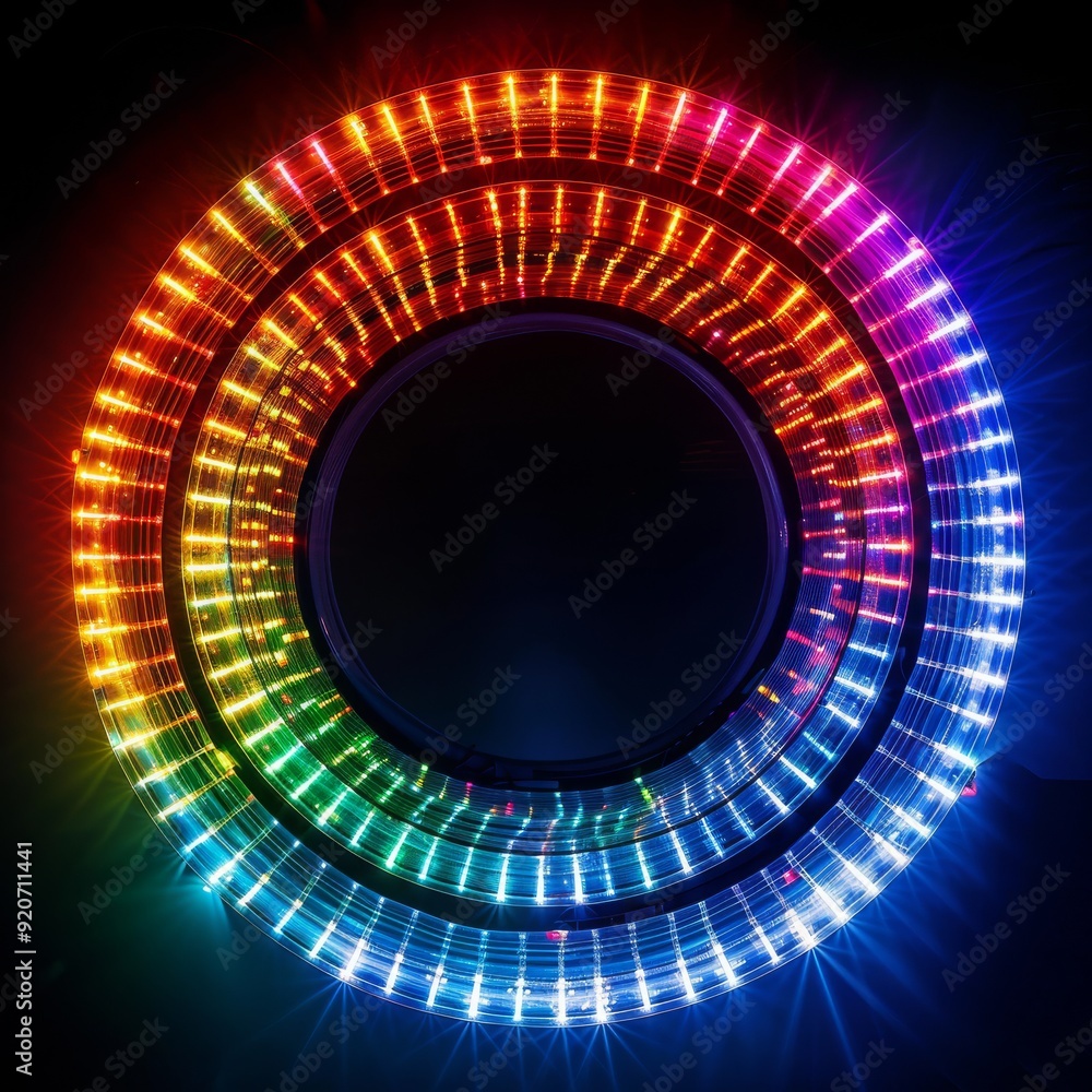 Poster a stunning display of vibrant led lights arranged in mesmerizing circular patterns, showcasing beaut