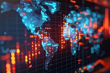 Digital world map with glowing pixels and a grid overlay, representing global technology and data visualization.
