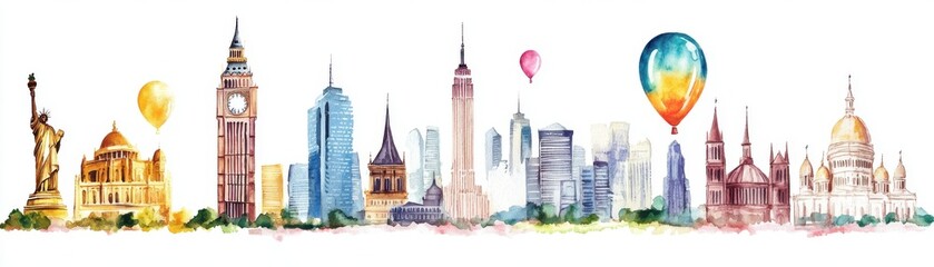 Fototapeta premium Watercolor depiction of a balloon shaped like a famous landmark, creative and iconic, isolated on white background