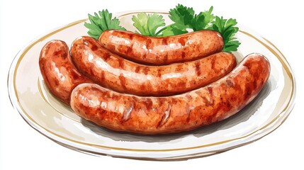 Oktoberfest sausages on a plate, watercolor style, rustic and appetizing, isolated on white background