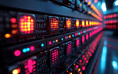 Close-Up of Network Cables with Fiber Optic Background in Data Centers