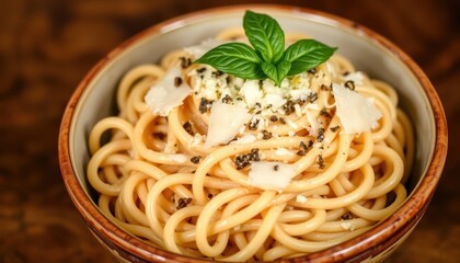 Spaghetti with Parmesan cheese and basil.