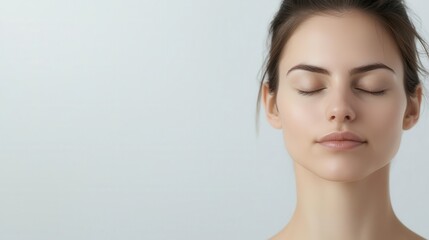 Fototapeta premium Close-up of a woman s face, eyes closed and focused, as she holds a difficult pose, yoga concentration, discipline in movement