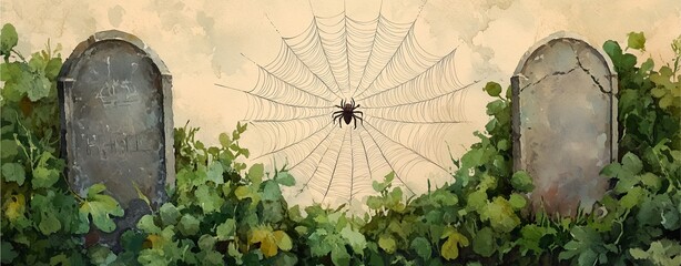 Intricate spider web in old gothic cemetery with overgrown tombstones watercolor style illustration.