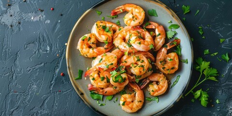 A gourmet dish of cooked shrimp with garlic and spices.