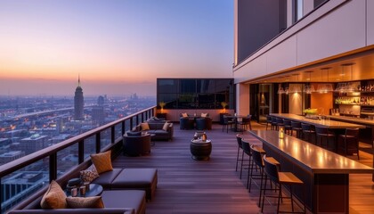 Rooftop Bar with City Skyline at Dusk.