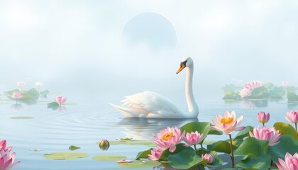 Elegant Swan in a Lotus Pond.
