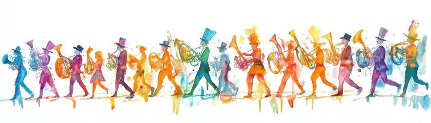Watercolor painting of an Oktoberfest parade with marching band, festive and bright, isolated on white background