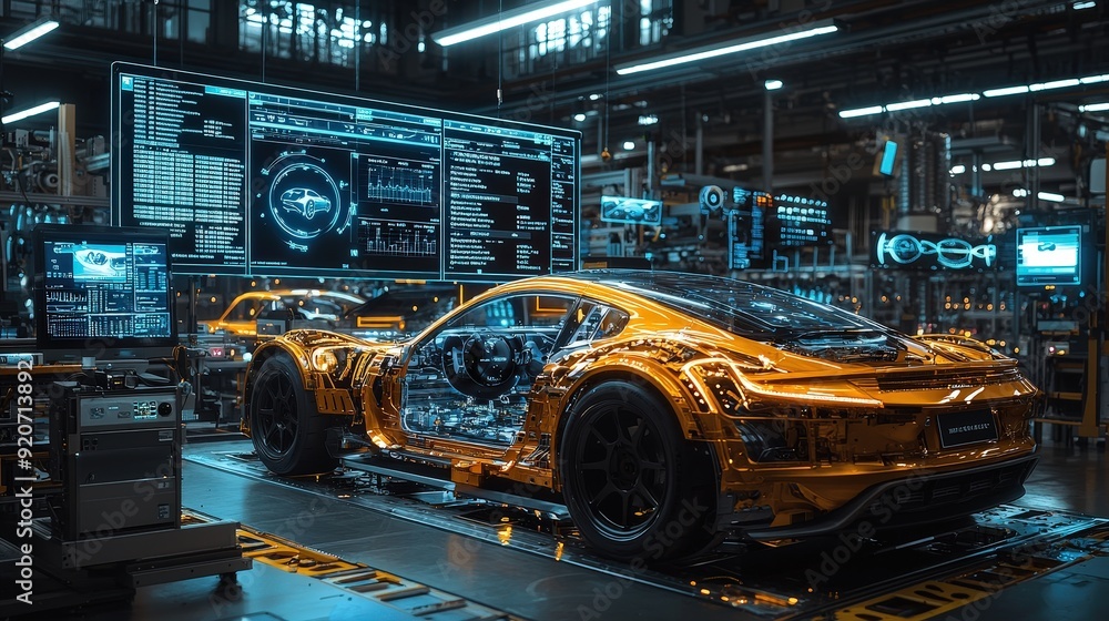 Poster A transparent car stands in a modern workshop, surrounded by high-tech screens displaying design data and engineering details