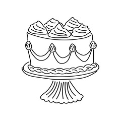 Delicate tasty cake with candles on a stand. Perfect for card of  birthdays, weddings, party, anniversary. Modern trendy doodle style