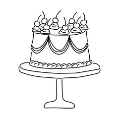 Delicate tasty cake with cherry on a stand. Perfect for card of  birthdays, weddings, party, anniversary. Modern trendy doodle style