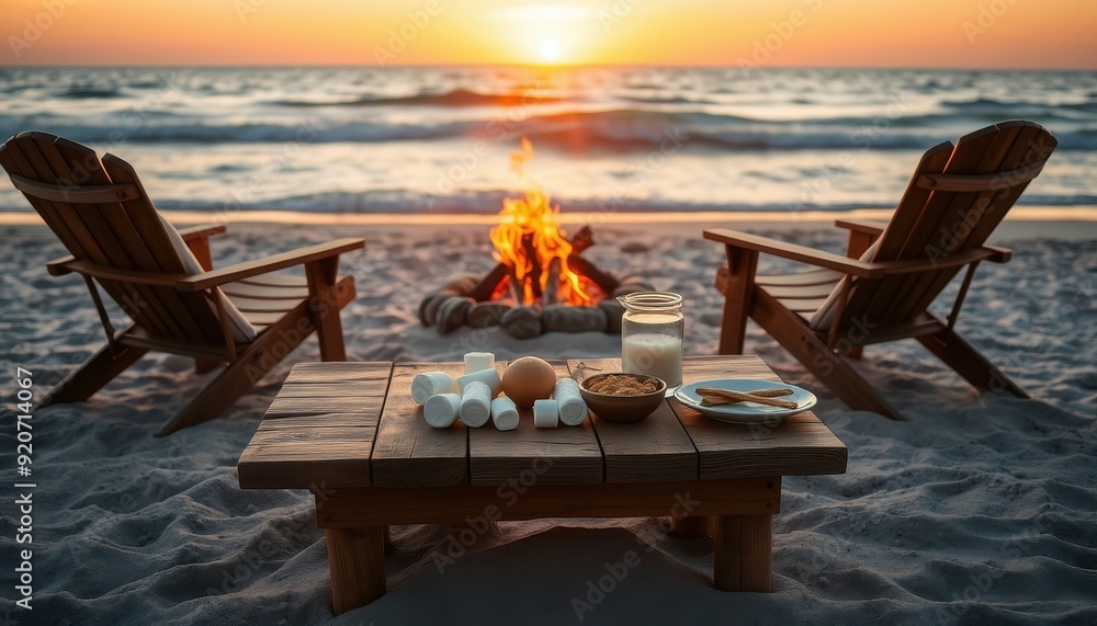 Canvas Prints Beach Bonfire at Sunset with Marshmallows and Milk.