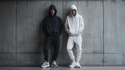 Two young men showcase modern streetwear side by side, each wearing hooded sweatshirts and sneakers in a contemporary urban setting