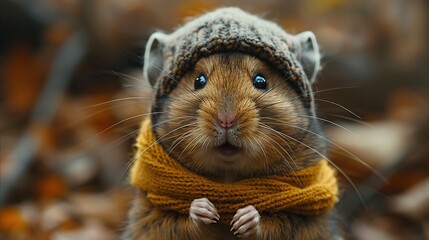 Cute Hamster in a Hat and Scarf