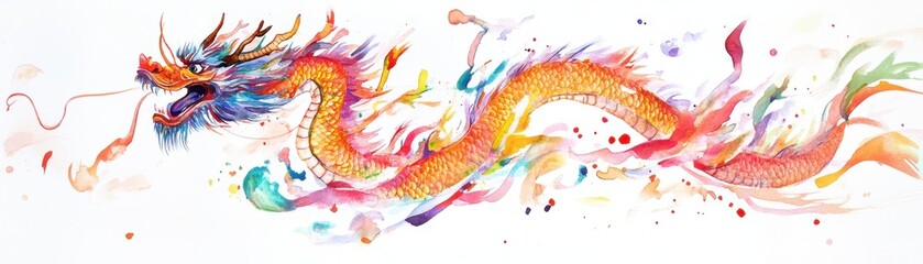 Obraz premium Watercolor illustration of a dragon dance during MidAutumn Festival, dynamic and colorful, isolated on white background