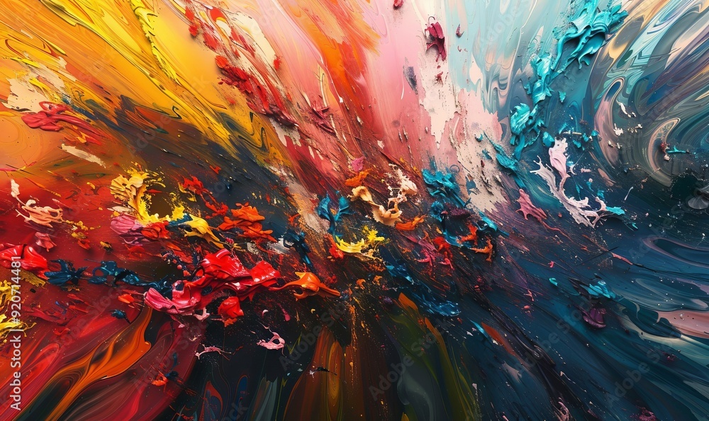 Poster abstract painting with a burst of colors and shapes, creating a dynamic and energetic composition